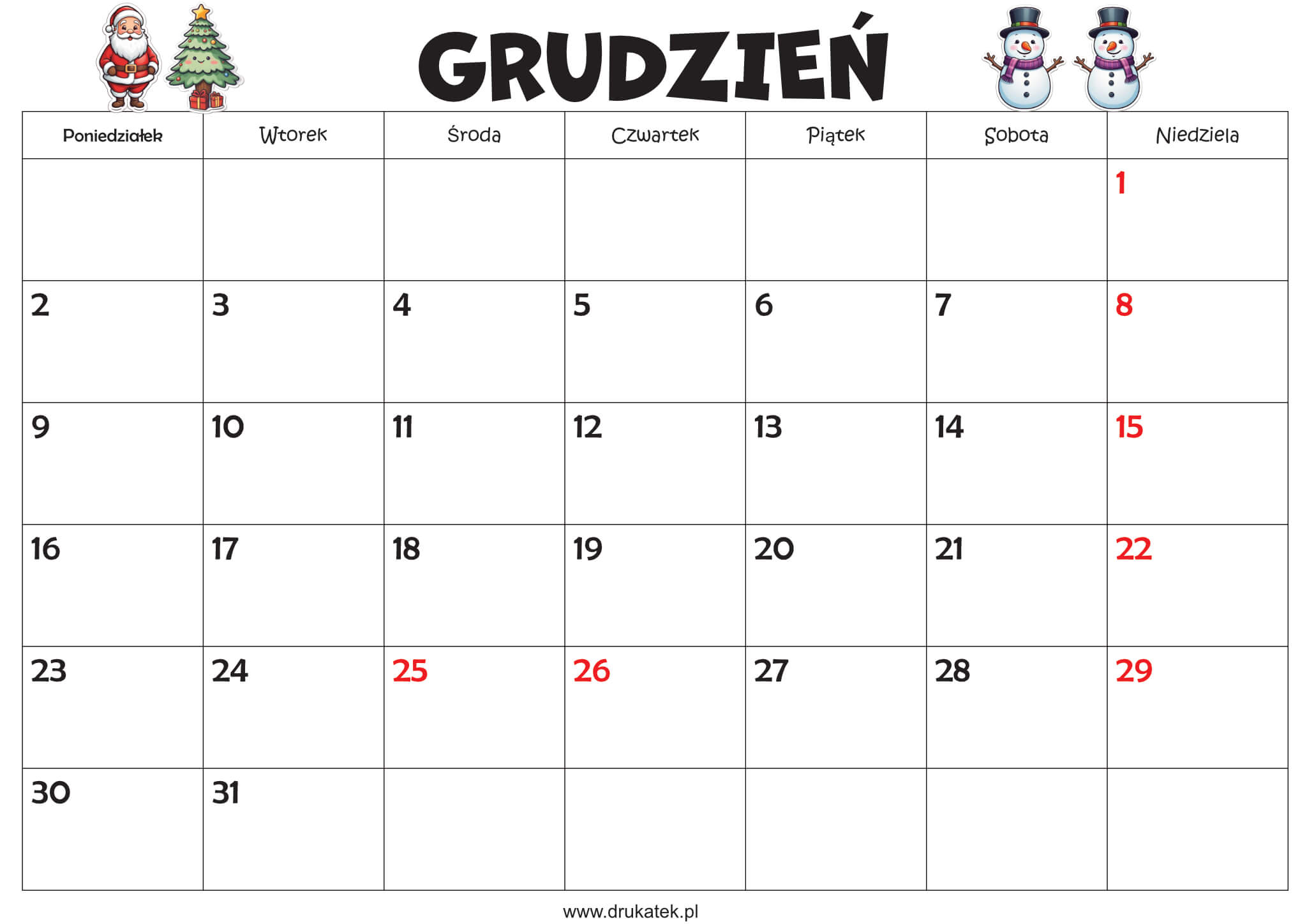 Kalendarz Grudzień 2024